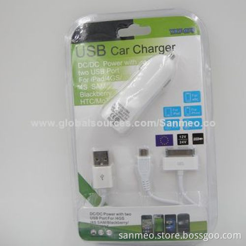 3-in-1 Dual USB Port Car Charger for iPhone/iPad/Micro USB, Simple Clean/Fashionable DesignNew